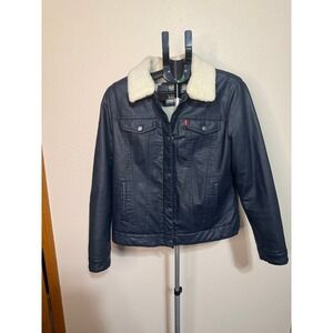 Levis Womens Faux Leather Sherpa Lined Trucker Jacket Navy Blue Large L Sherpa